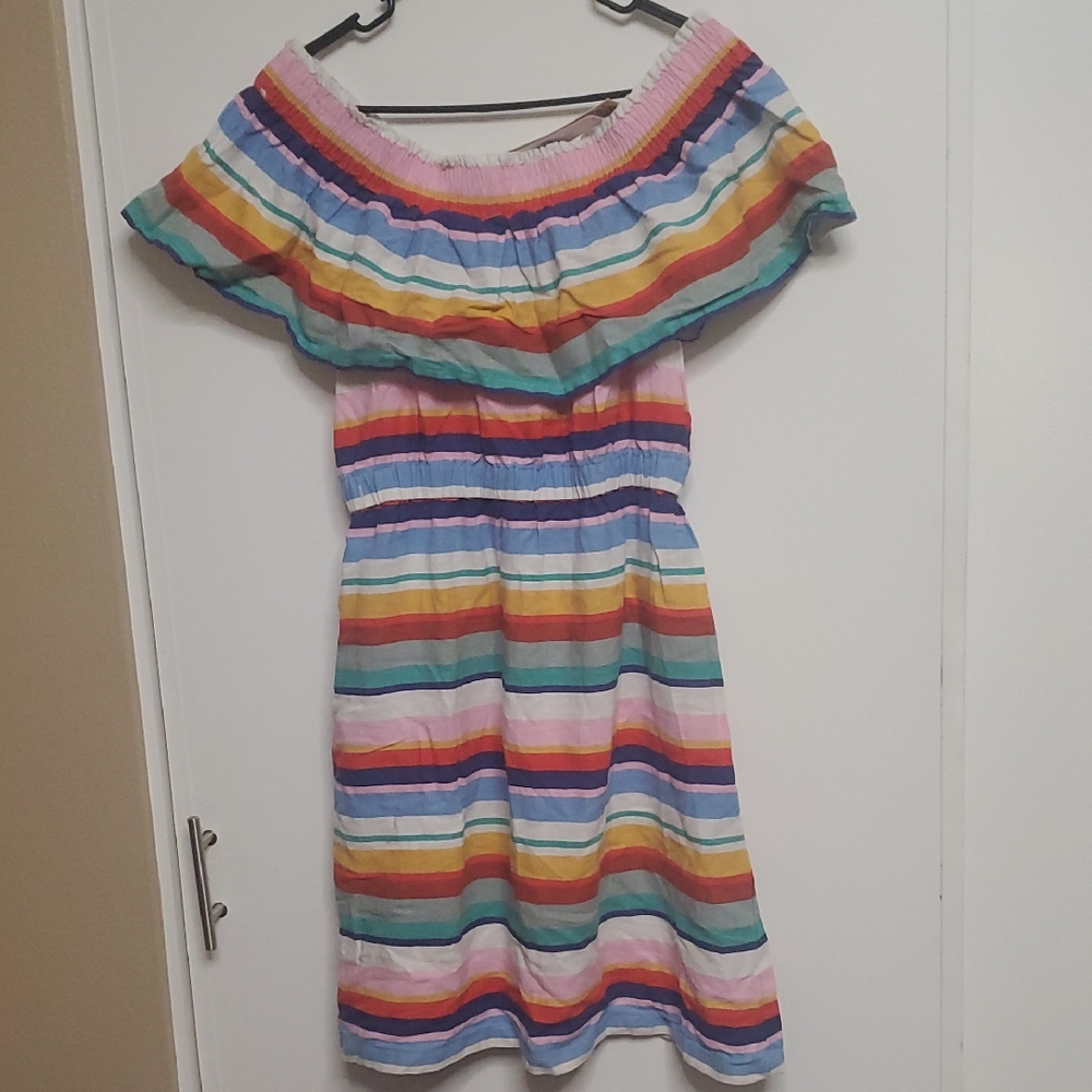 Dreamers Teal and White Striped Dress Off Shoulder